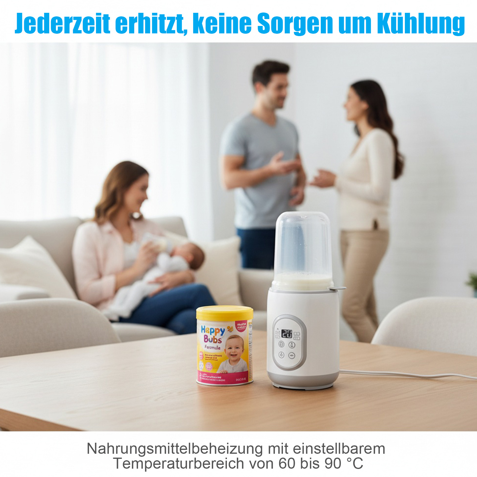 Ein Babyflaschenwärmer mit Milch steht auf einem Tisch. Eine Frau füttert ein Baby. Eine Dose Formel steht auf dem Tisch.