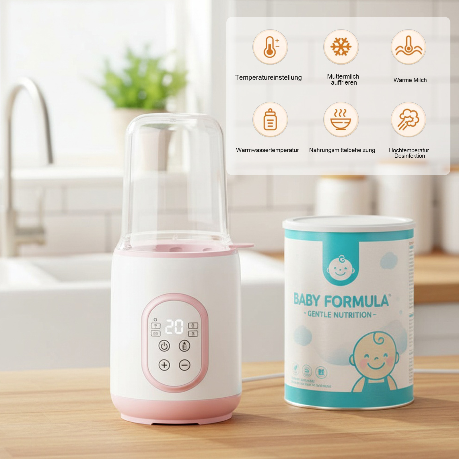 Ein Babyflaschenwärmer und eine Formel sind auf einer Holzoberfläche. Funktionssymbole werden angezeigt.