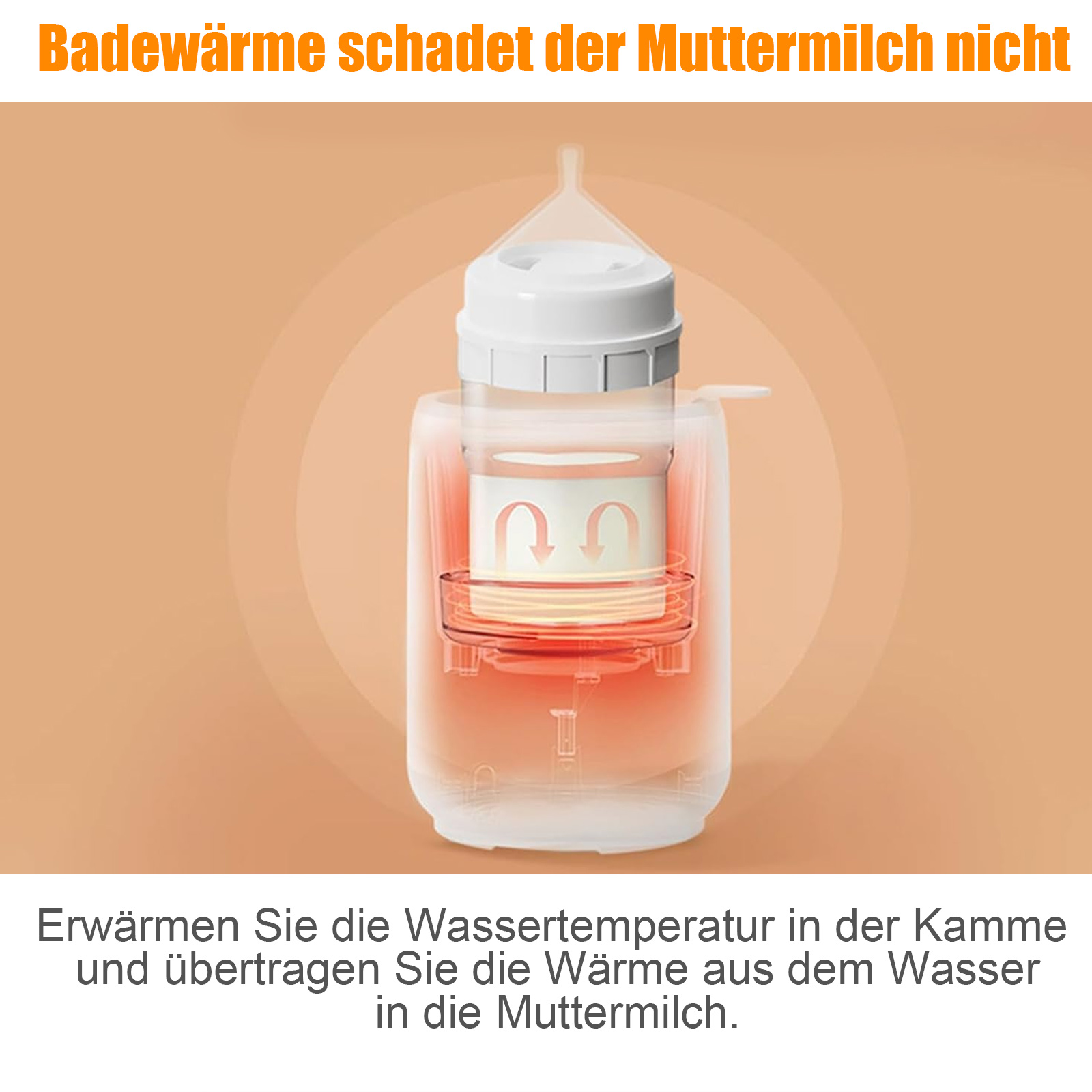 Das Bild zeigt einen Flaschenwärmer. Oben steht, dass Badewärme Muttermilch nicht schadet. Unten stehen Anweisungen.