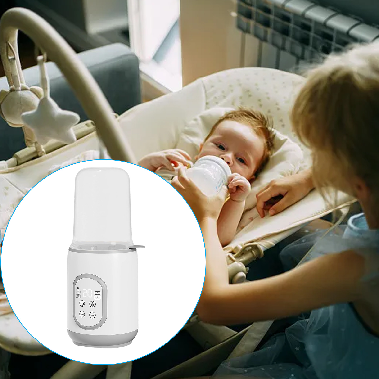 Ein Baby trinkt aus einer Flasche, die von einer Person gehalten wird. Ein Flaschenwärmer ist im Vordergrund.