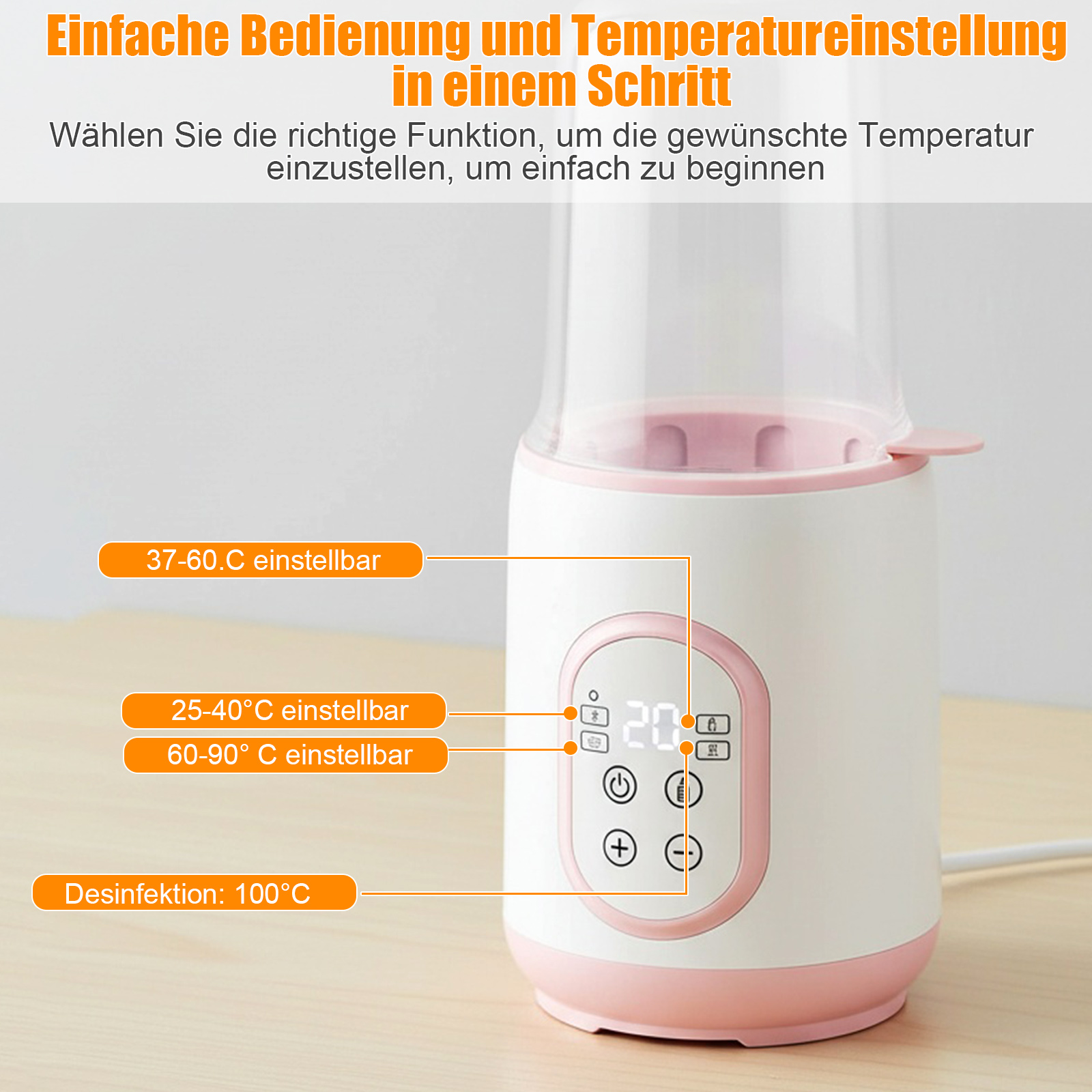 Ein weiß-rosa Babyflaschenwärmer mit Digitalanzeige, die 20 anzeigt. Tasten zur Temperaturregelung sind sichtbar.