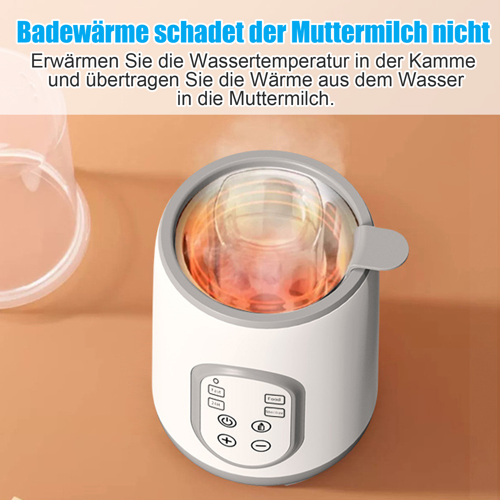 Ein weißer und grauer Babyflaschenwärmer mit Knöpfen und einem transparenten Deckel. Text auf Deutsch ist sichtbar.
