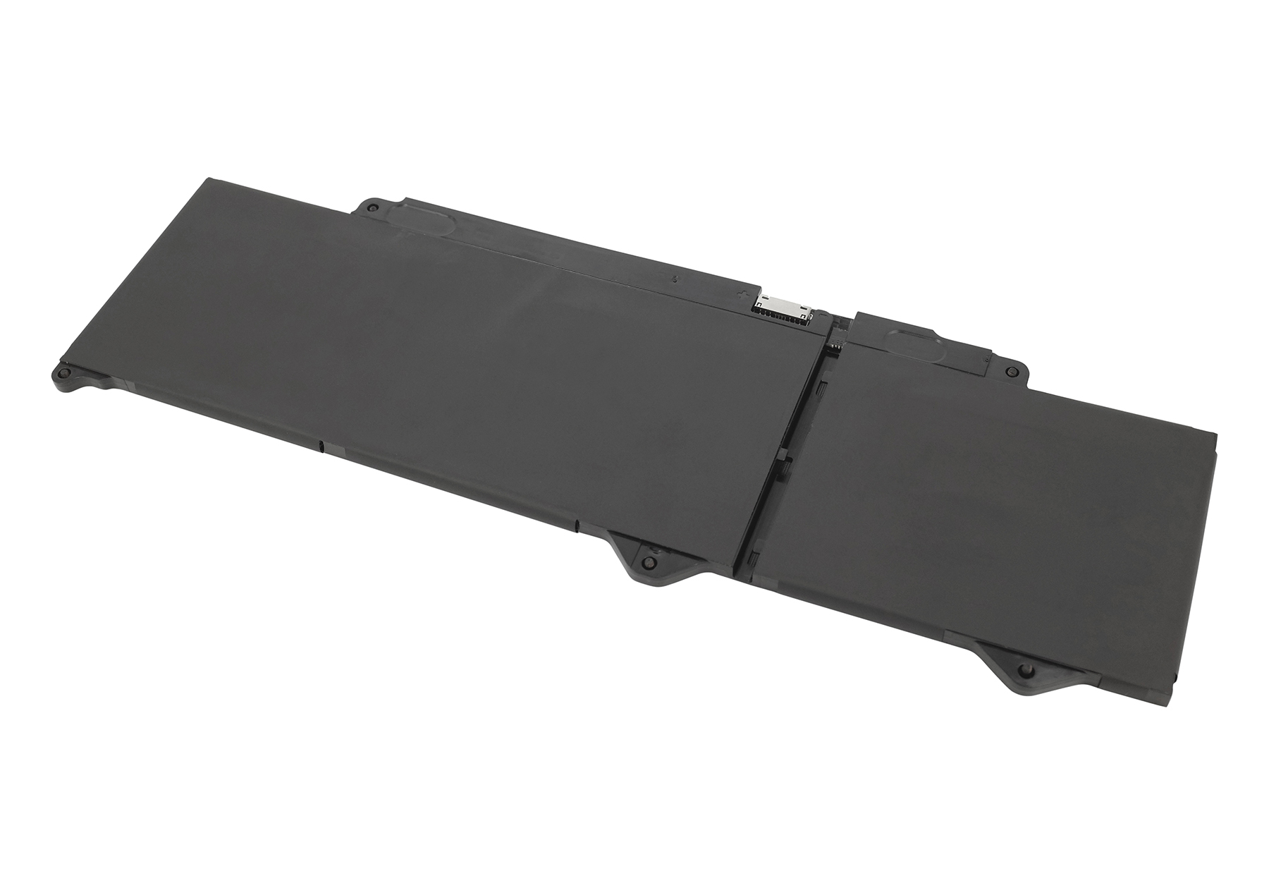 Ein rechteckiger, schwarzer Laptop-Akku vor weißem Hintergrund. Er hat mehrere Anschlusspunkte und ein flaches Design.