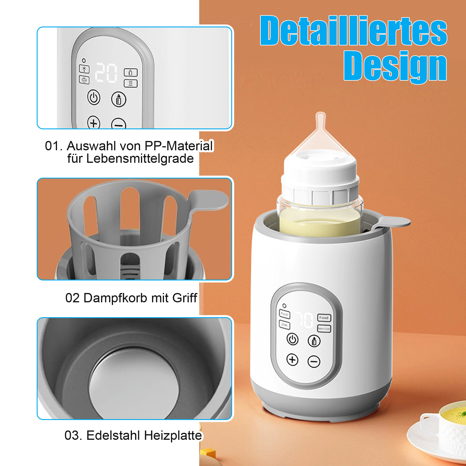 Ein weißer Babyflaschenwärmer mit einer Flasche. Details umfassen ein digitales Display und einen Dampfkorb.