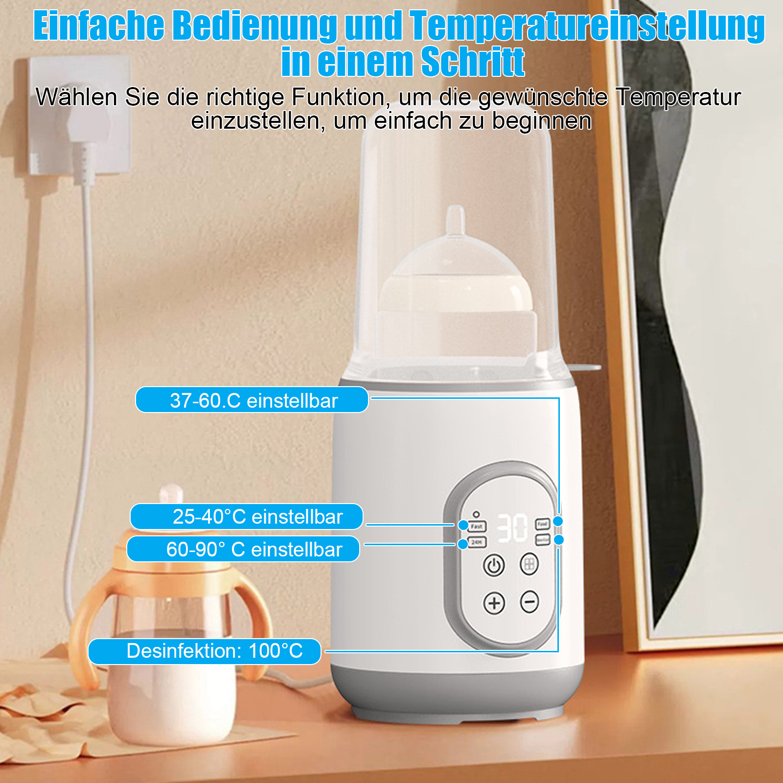 Weißer Flaschenwärmer mit Flasche, Bedienelementen und Beschriftungen. Temperatur bereiche werden angezeigt. Eine Babyflasche liegt daneben.