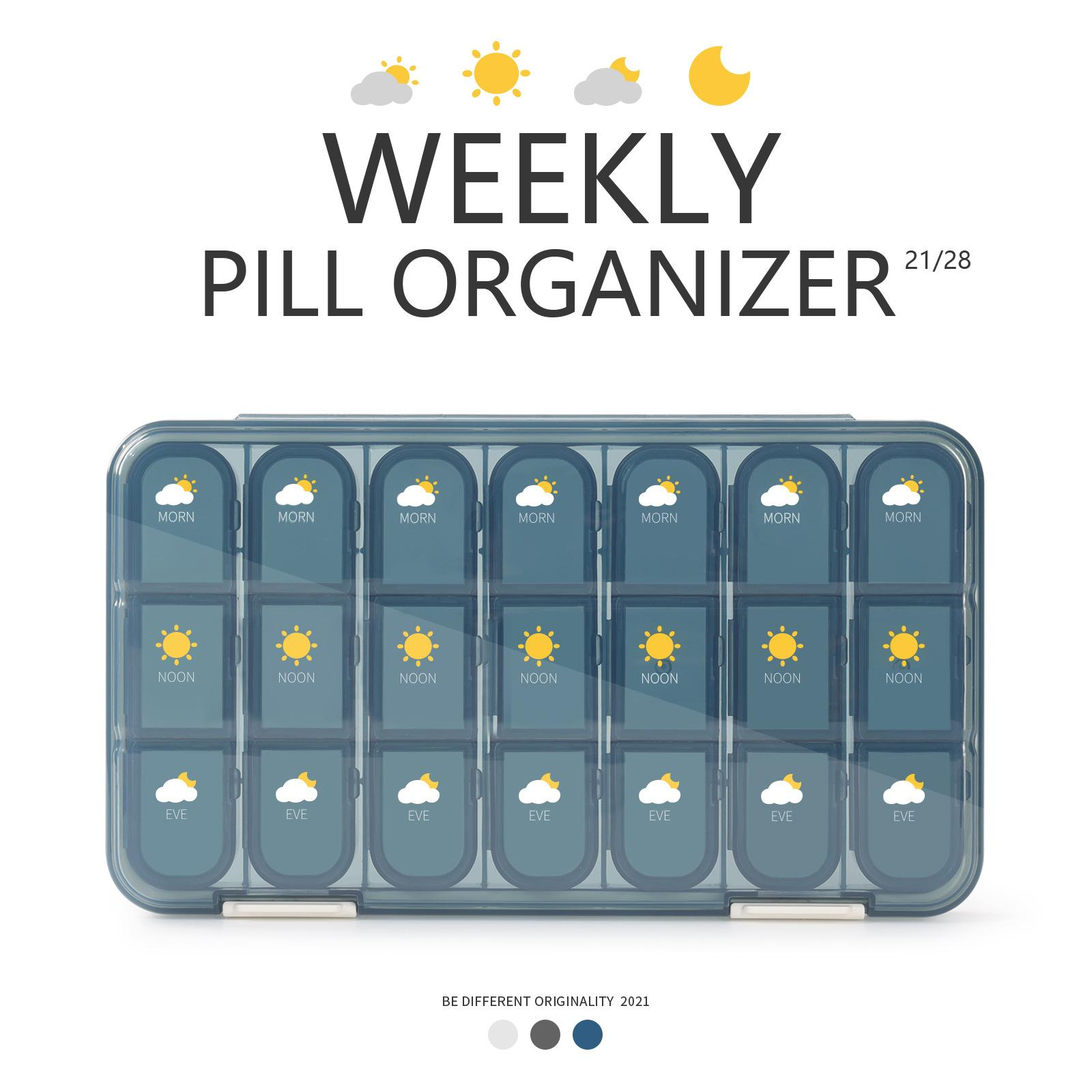 Ein wöchentlicher Pillenorganizer mit Fächern, die mit Morn, Noon und Eve beschriftet sind. Sonnen- und Mondsymbole sind vorhanden.
