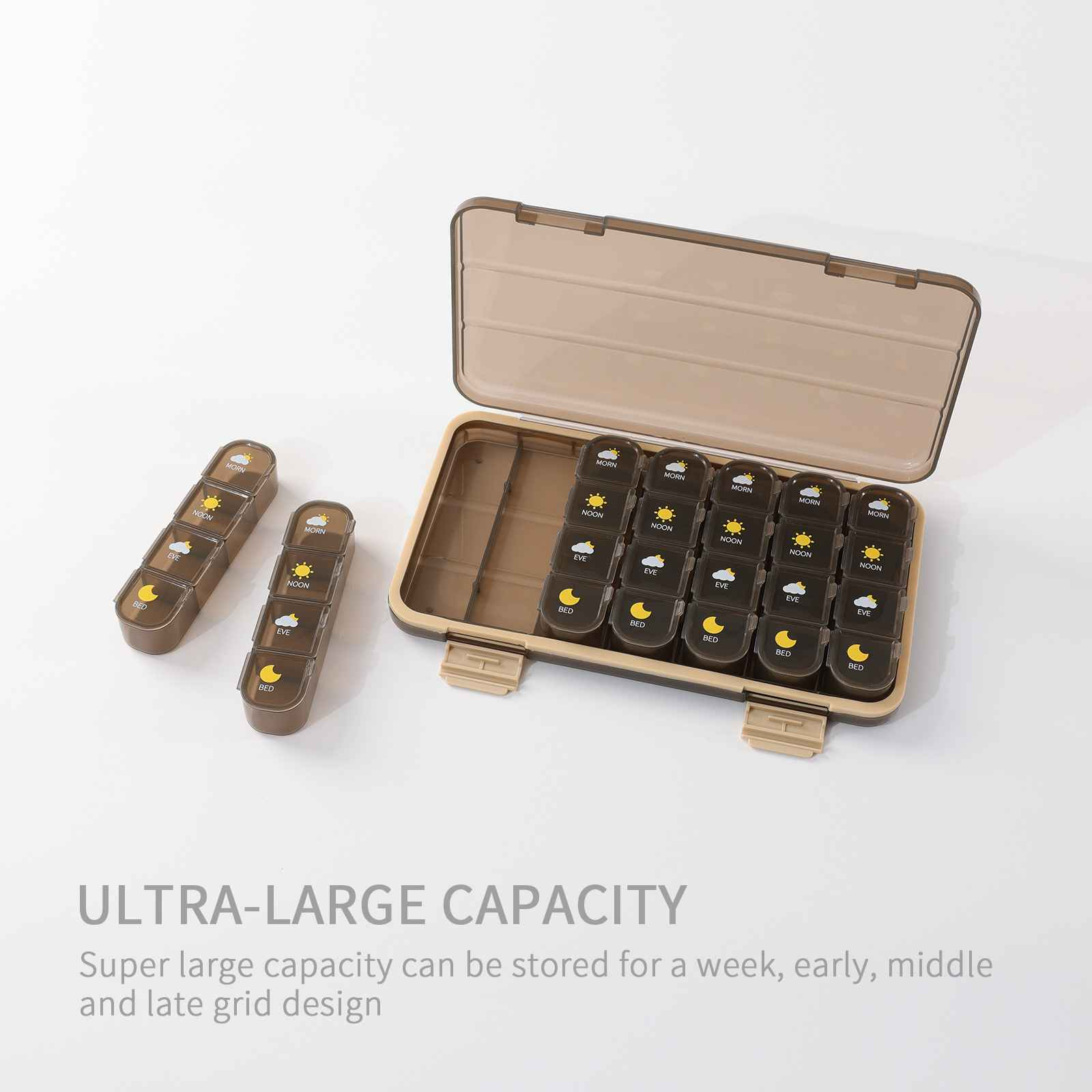 Brauner Pillenorganizer mit Abschnitten mit der Aufschrift Morn, Noon, Eve und Bed. Er ist offen, mit zwei kleineren daneben.