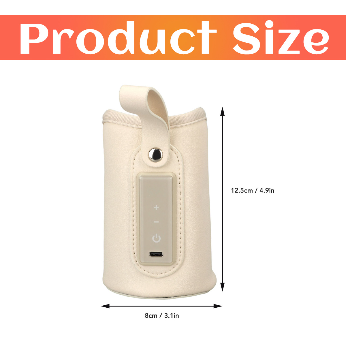 Ein beigefarbener Produkthalter. Es hat einen Griff. Abmessungen sind: 8cm/3,1in x 12,5cm/4,9in. Der Text oben lautet: Produktgröße.