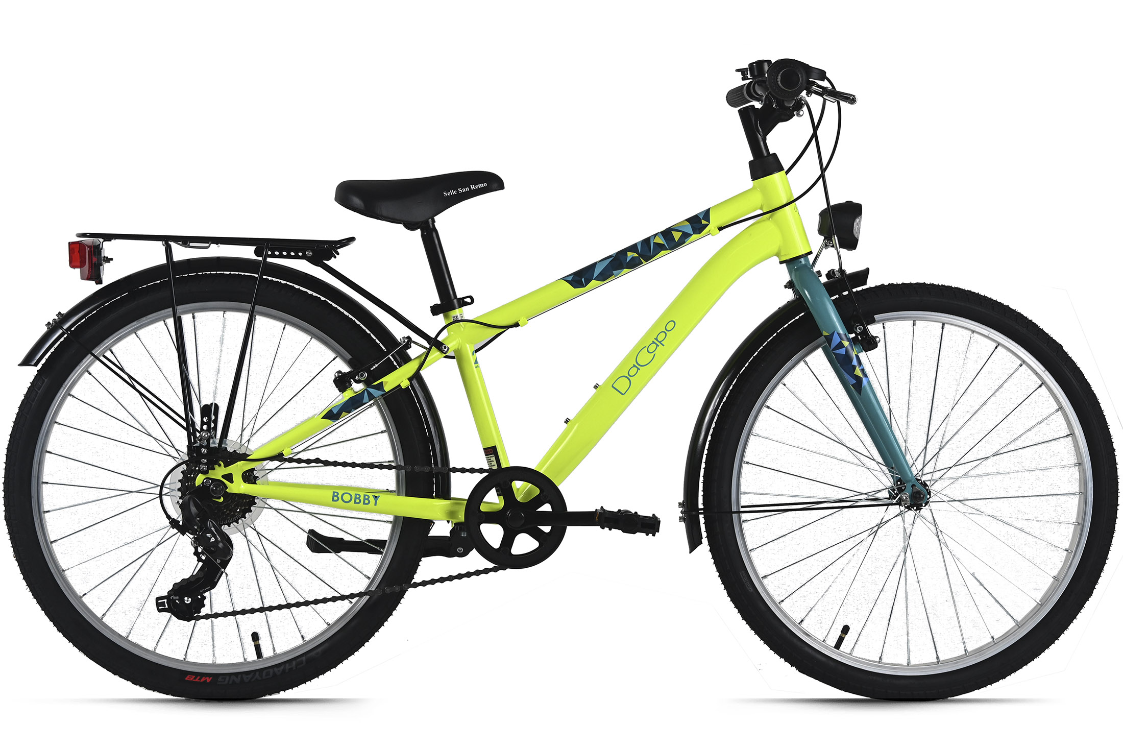 Ein limettengrünes DaCapo BOBBY Fahrrad. Es hat schwarze Reifen, einen schwarzen Sattel und blaue Akzente. Pedale, Gänge und Bremsen sind sichtbar.