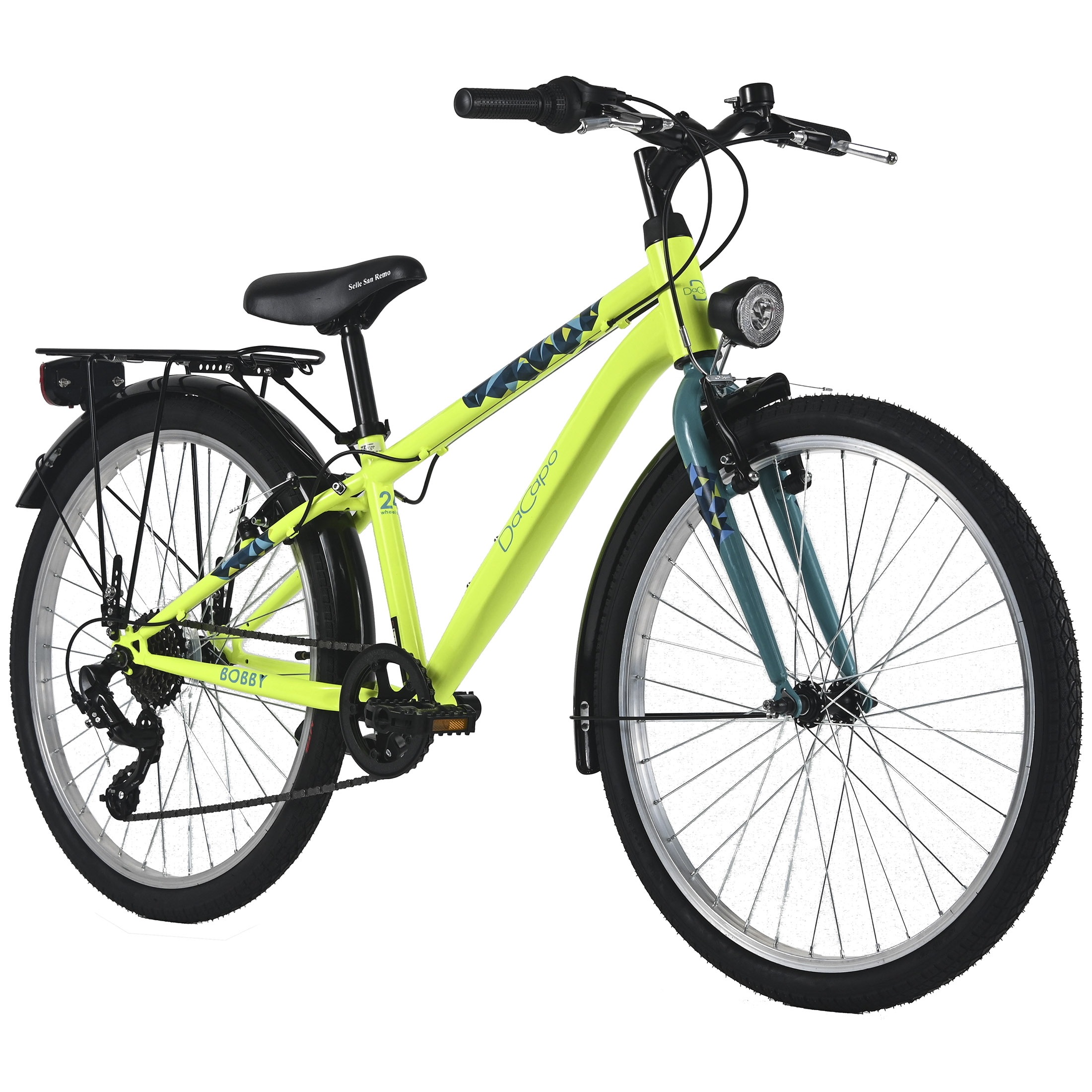 Ein grün-blaues Fahrrad auf weißem Hintergrund. Es hat schwarze Reifen und einen schwarzen Sitz.
