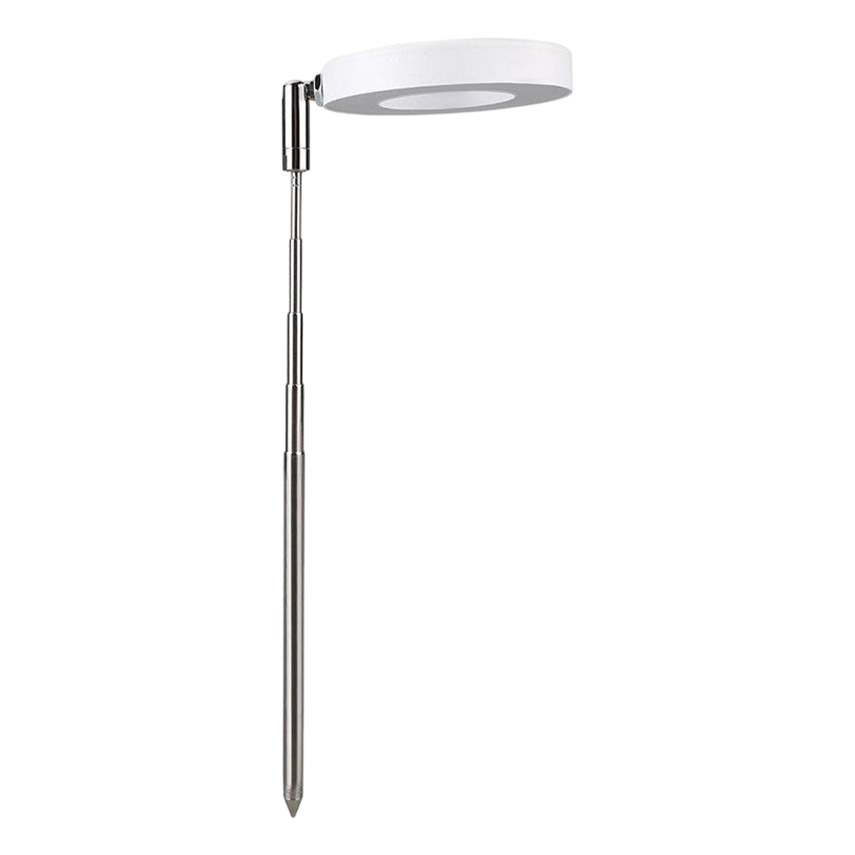Eine weiße LED-Pflanzenlampe mit kreisförmigem Leuchtkopf und einem teleskopierbaren silbernen Stiel vor weißem Hintergrund.