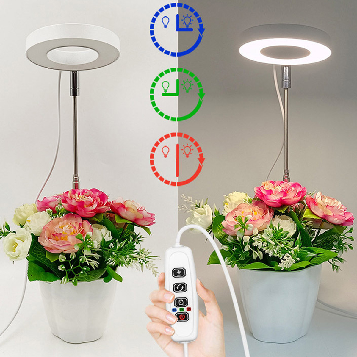 Eine weiße LED-Pflanzenwachstumslampe über einem Blumentopf mit rosa Blumen, eine Hand, die ein Bedienfeld mit Symbolen hält.