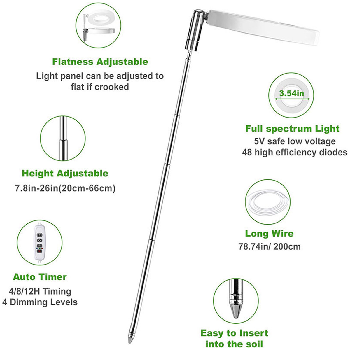 Eine Wachstumslampe mit verstellbarer Höhe und Lichtpaneel. Merkmale: Auto-Timer, langes Kabel und einfache Bodeneinführung.