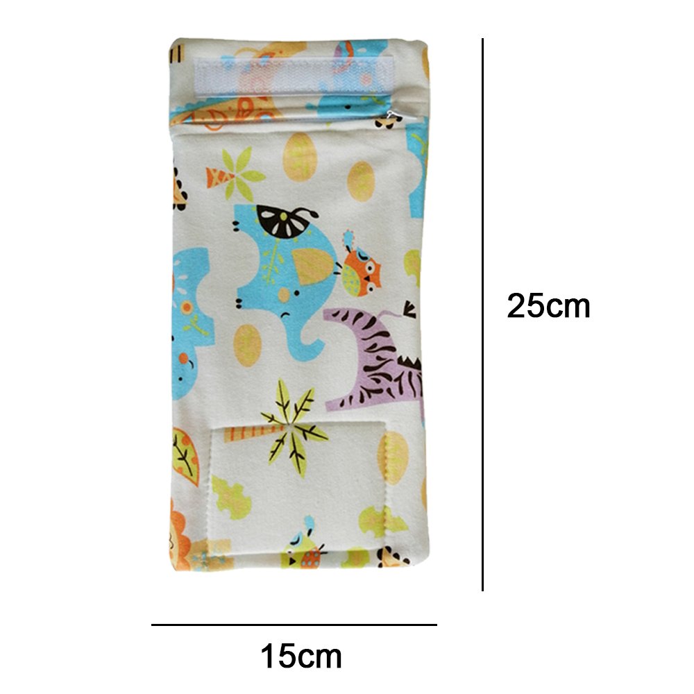 Rechteckiger Babyflaschenwärmer mit bunten Elefanten- und Zebrastreifenmustern auf weißem Grund. Er misst 25 cm x 15 cm.