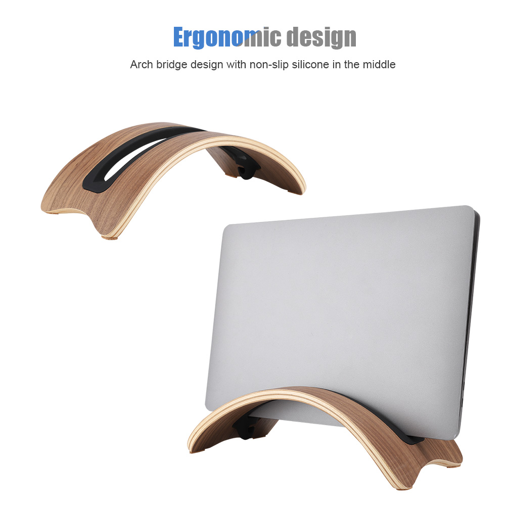 Laptop-Ständer aus Holz mit ergonomischem Design, mit Brücke und rutschfestem Silikon. Ein Laptop steht auf dem Ständer.