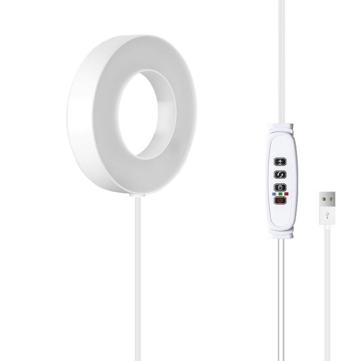 Ein weißes Ringlicht mit Bedienfeld und USB-Kabel. Das Licht hat eine kreisförmige Form und eine Reihe von Knöpfen.