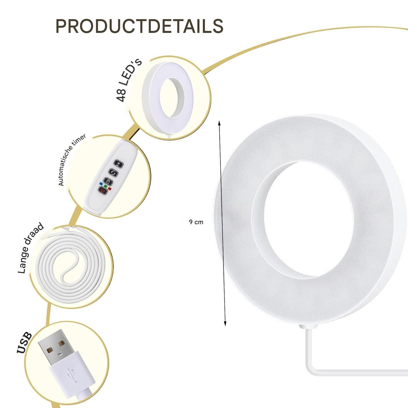 Produktdetails: LED-Ringlicht, Timer, USB-Kabel und weißes Kabel. Beschriftungen auf Niederländisch. 9 cm Messung.