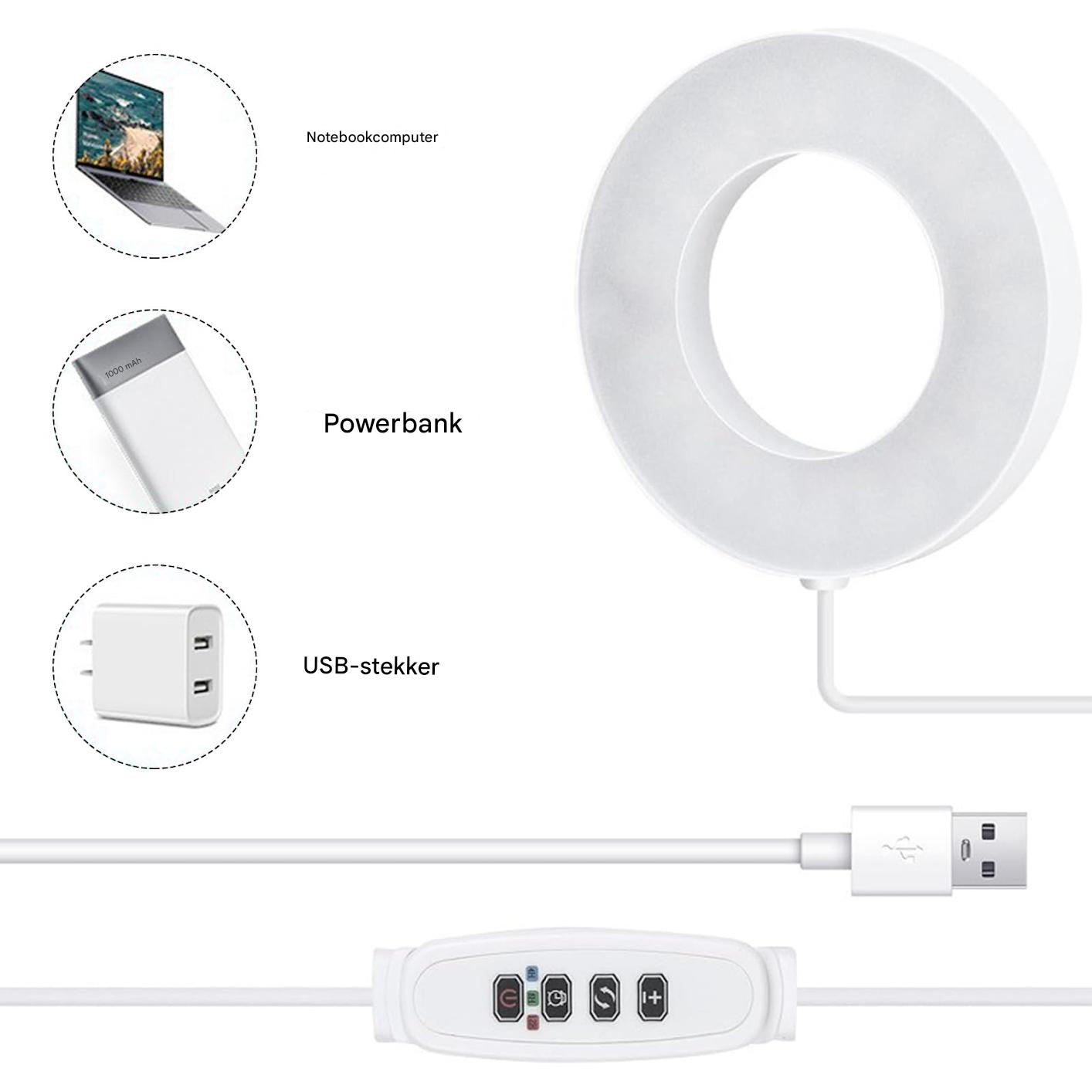 Bild mit Laptop, Powerbank, USB-Stecker, Ringlicht und Bedienfeld mit Tasten. Alles weißer Hintergrund.