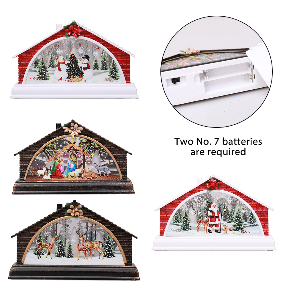Das Bild zeigt weihnachtliche Dekorationshäuser. Eines hat Schneemänner, ein anderes die Krippe und ein drittes mit dem Weihnachtsmann. Batterien sind erforderlich.