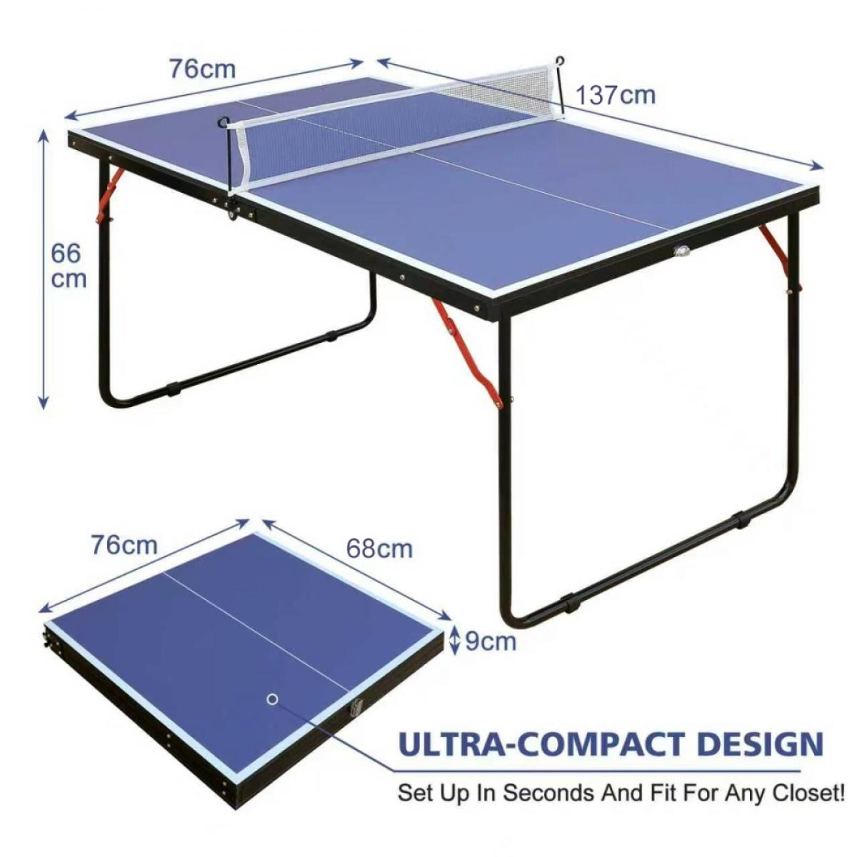 Ein blauer Tischtennisplatte mit Maßen wird gezeigt. Ein kleinerer Tisch wird ebenfalls angezeigt. Text: Ultra-Kompaktes Design und Aufbau in Sekunden.