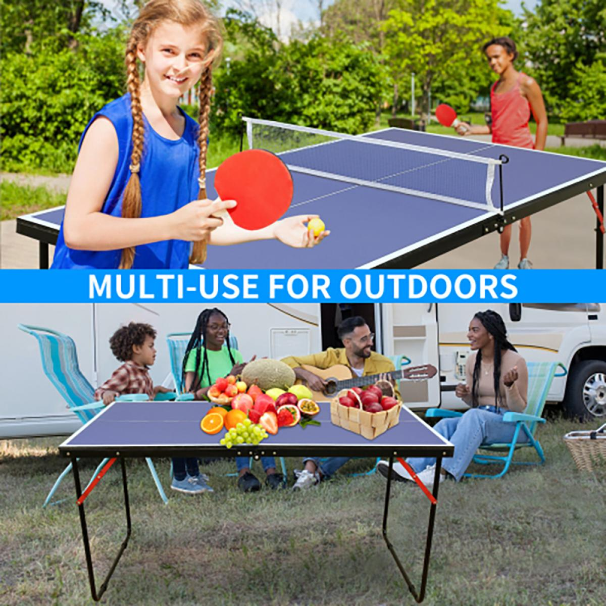 Das Bild zeigt Leute, die Tischtennis spielen und ein Picknick mit Obst genießen. Die Szene spielt sich im Freien mit einem Camper im Hintergrund ab.