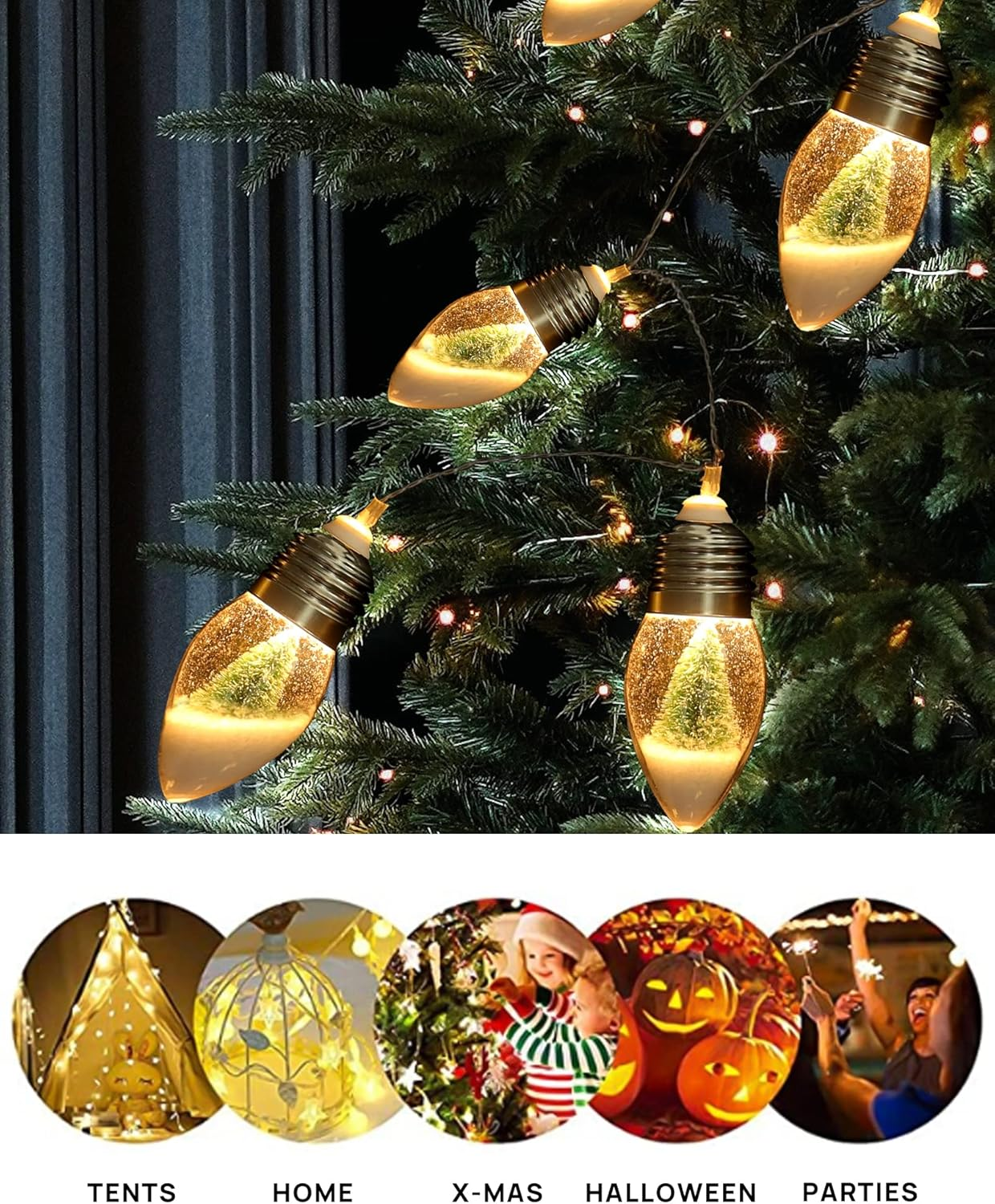 Nahaufnahme eines Weihnachtsbaums mit dekorativen Lichtern. Die Lichter sind wie Glühbirnen geformt und haben einen Glitzereffekt. Der Hintergrund ist dunkel.