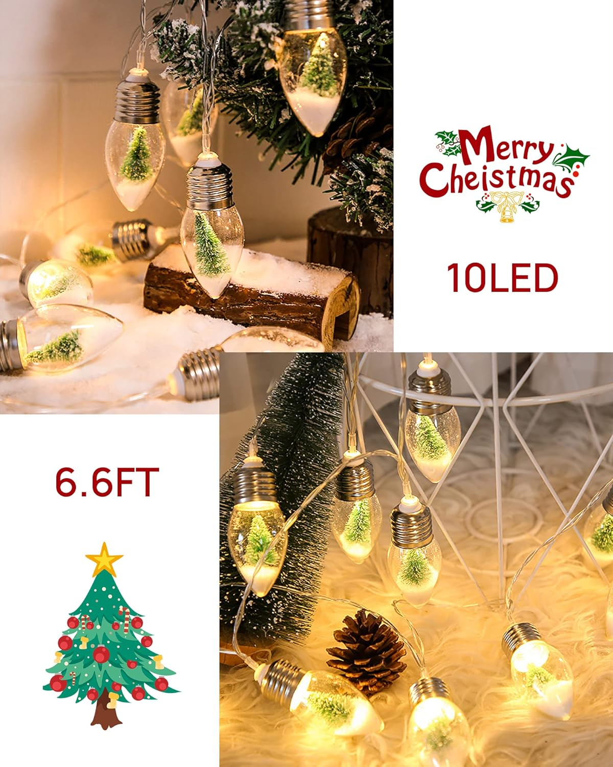 Weihnachtsbeleuchtung, birnenförmig mit Mini-Weihnachtsbäumen. Festliche Szene mit Dekorationen und Text: Frohe Weihnachten, 10 LED, 6.6FT.