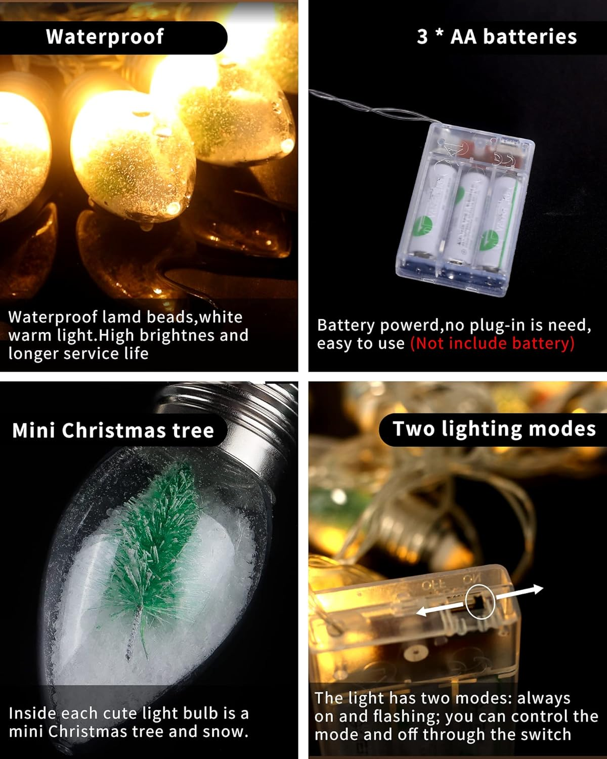 Das Bild zeigt Weihnachtsbeleuchtung. Zu den Merkmalen gehören wasserdichte Lichtperlen, ein Mini-Baum in einer Glühbirne und zwei Beleuchtungsmodi.