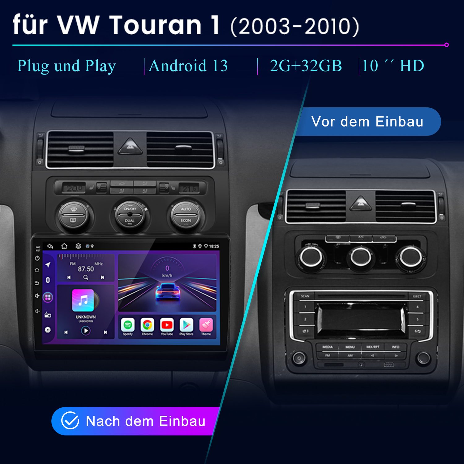 Armaturenbrett des Autos mit Vorher-Nachher-Darstellung einer neuen Infotainment-Anlage mit Touchscreen-Display.