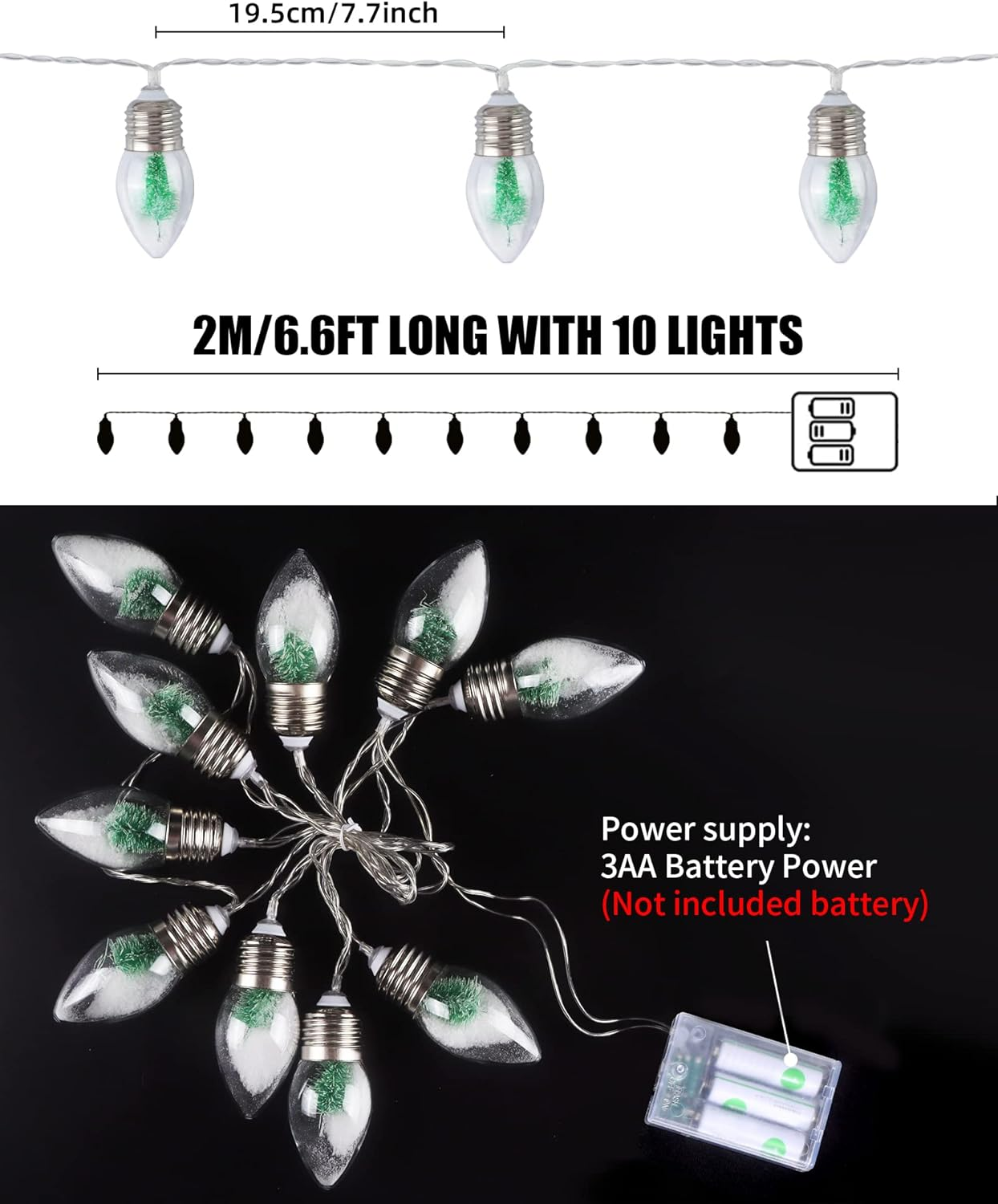 Lichterkette mit 10 Glühbirnen, jede mit einem kleinen grünen Baum und Kunstschnee. Batteriebetrieben, 2 m lang.