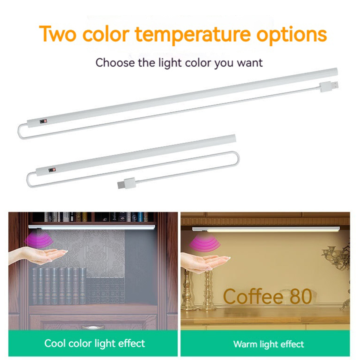 Das Bild zeigt zwei Lampen mit USB-Kabeln. Darunter befinden sich Hände unter Lichtern, die kalte und warme Farbeffekte zeigen.