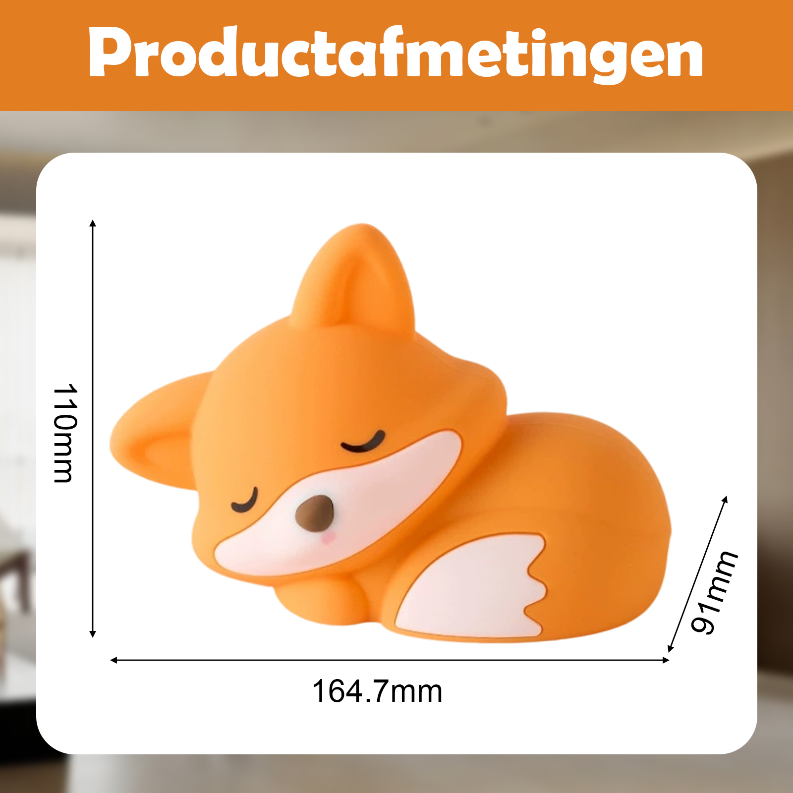 Orangenes Fuchspielzeug mit weißem Bauch, geschlossenen schwarzen Augen und Maßangaben in mm.