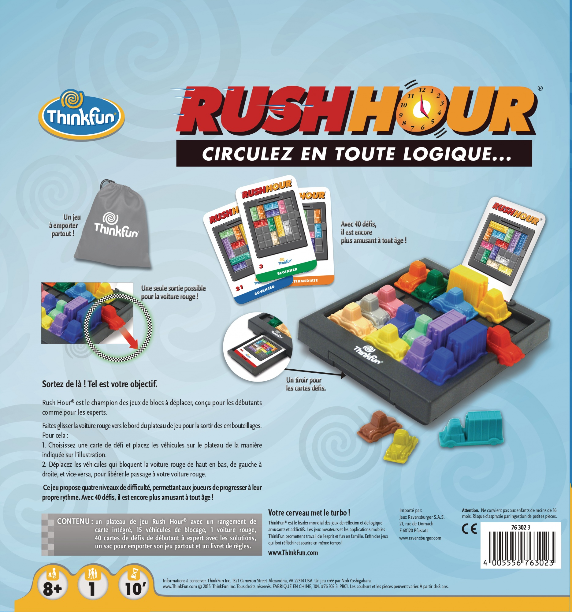 Scatola del gioco da tavolo Rush Hour. Auto di diversi colori, tabellone, carte e logo visibili.