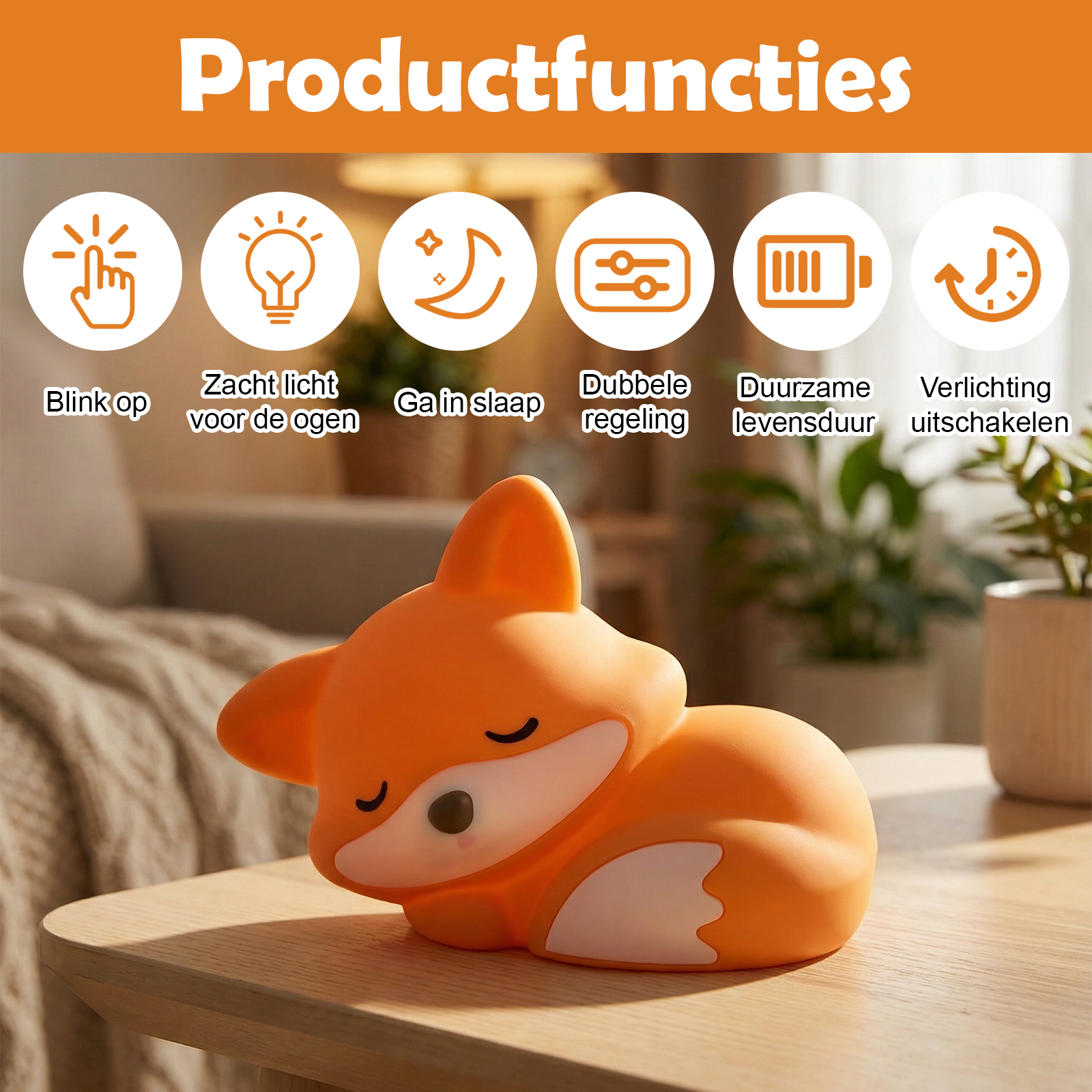 Ein orangefarbenes Fuchsnachtlicht auf einem Holztisch. Text oben beschreibt Produktfunktionen.