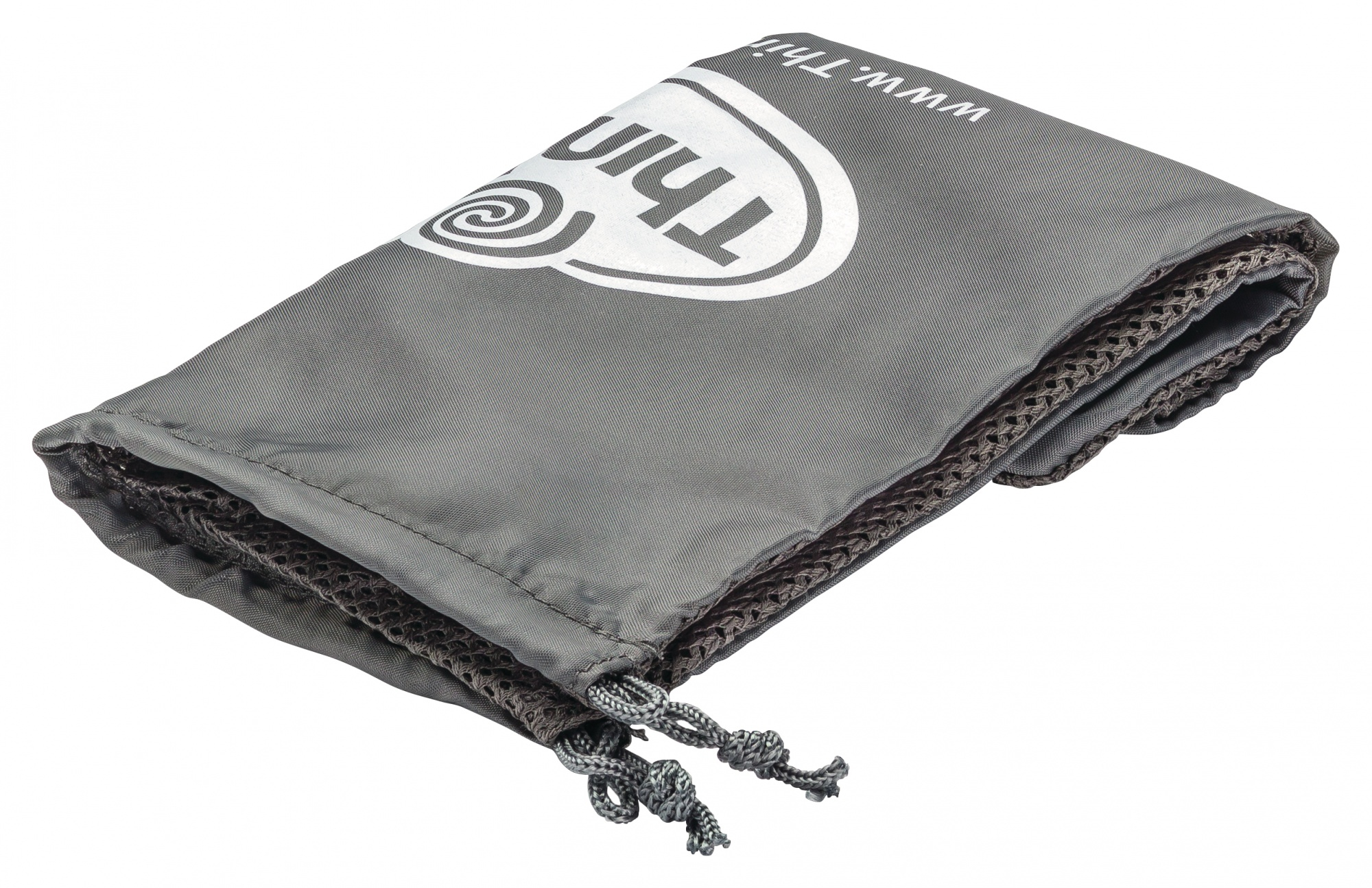 Una borsa grigia con logo bianco 'Thin'. La borsa è aperta, rivelando un interno a rete. I cordini sono visibili.