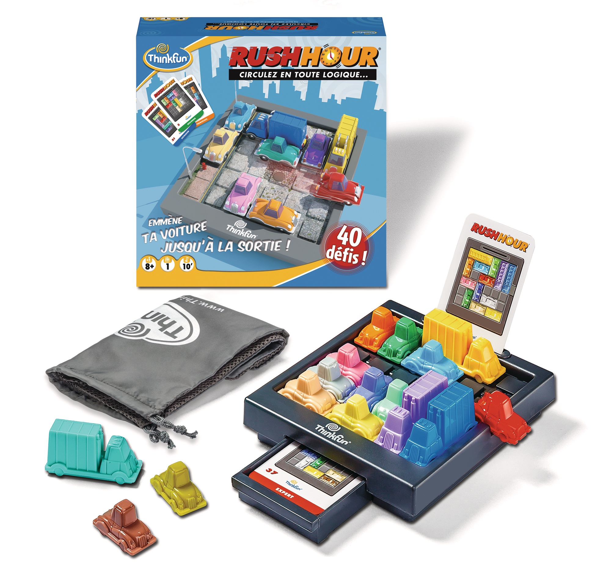 Gioco Rush Hour con auto e tabellone puzzle. La scatola mostra le auto su una griglia. Varie auto giocattolo colorate sul tabellone.