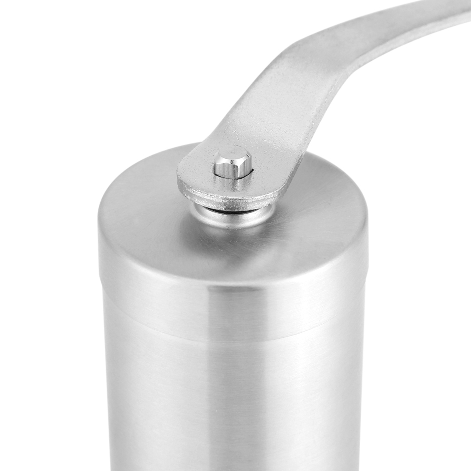 Nahaufnahme eines silbernen zylindrischen Metallobjekts mit gebogenem Griff, befestigt mit einer Schraube, freigestellt auf Weiß.
