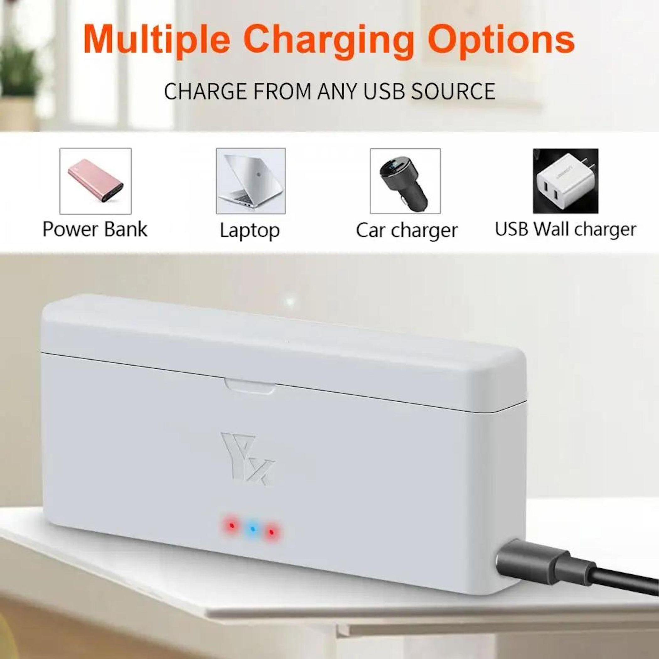 Weißes Gerät mit Ladeoptionen. Symbole für Powerbank, Laptop, Autoladegerät und USB-Wandladegerät. Text: 'Multiple Charging Options'.