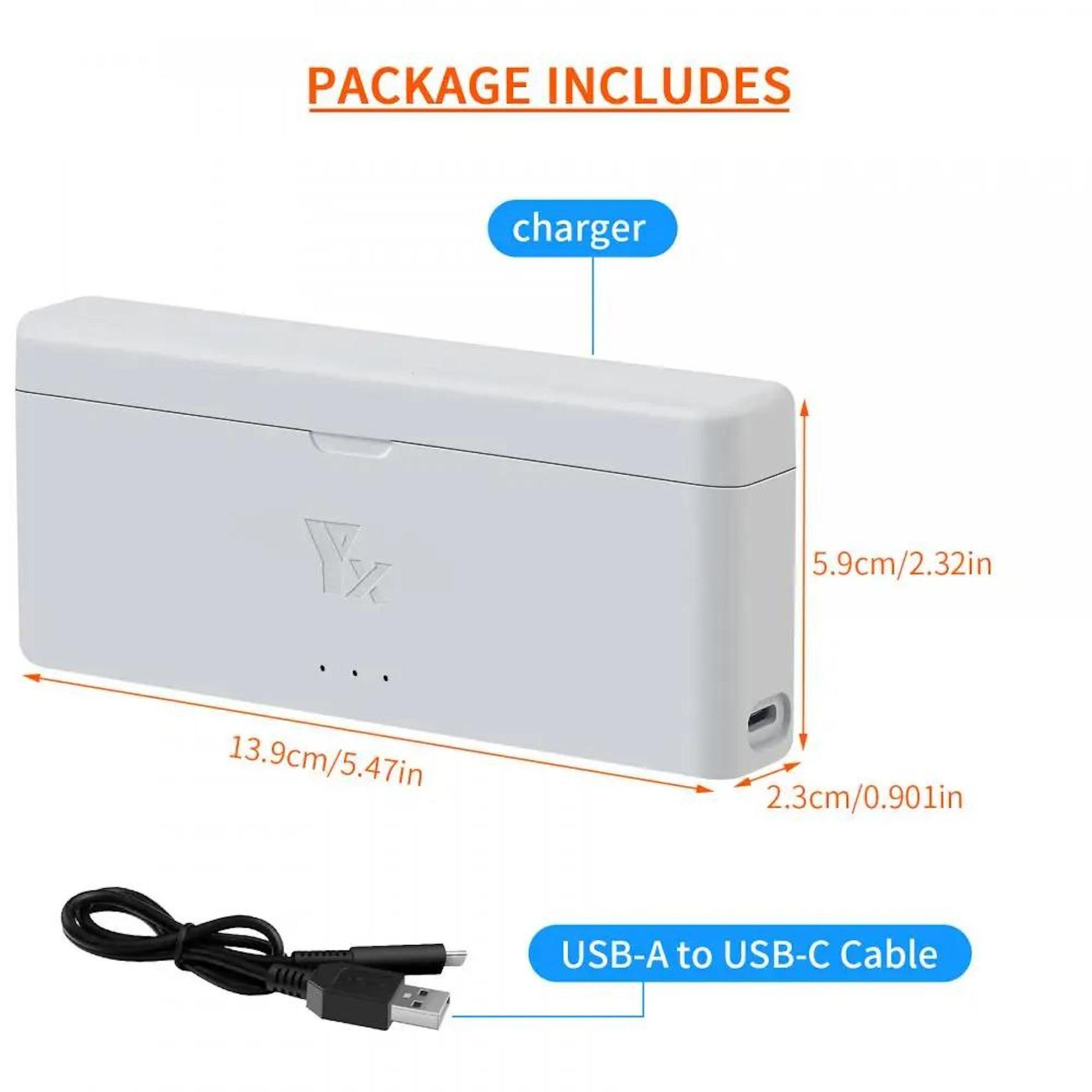Das Bild zeigt ein weißes Ladegerät und ein USB-Kabel. Abmessungen sind angegeben. Text lautet 'Paket beinhaltet'.