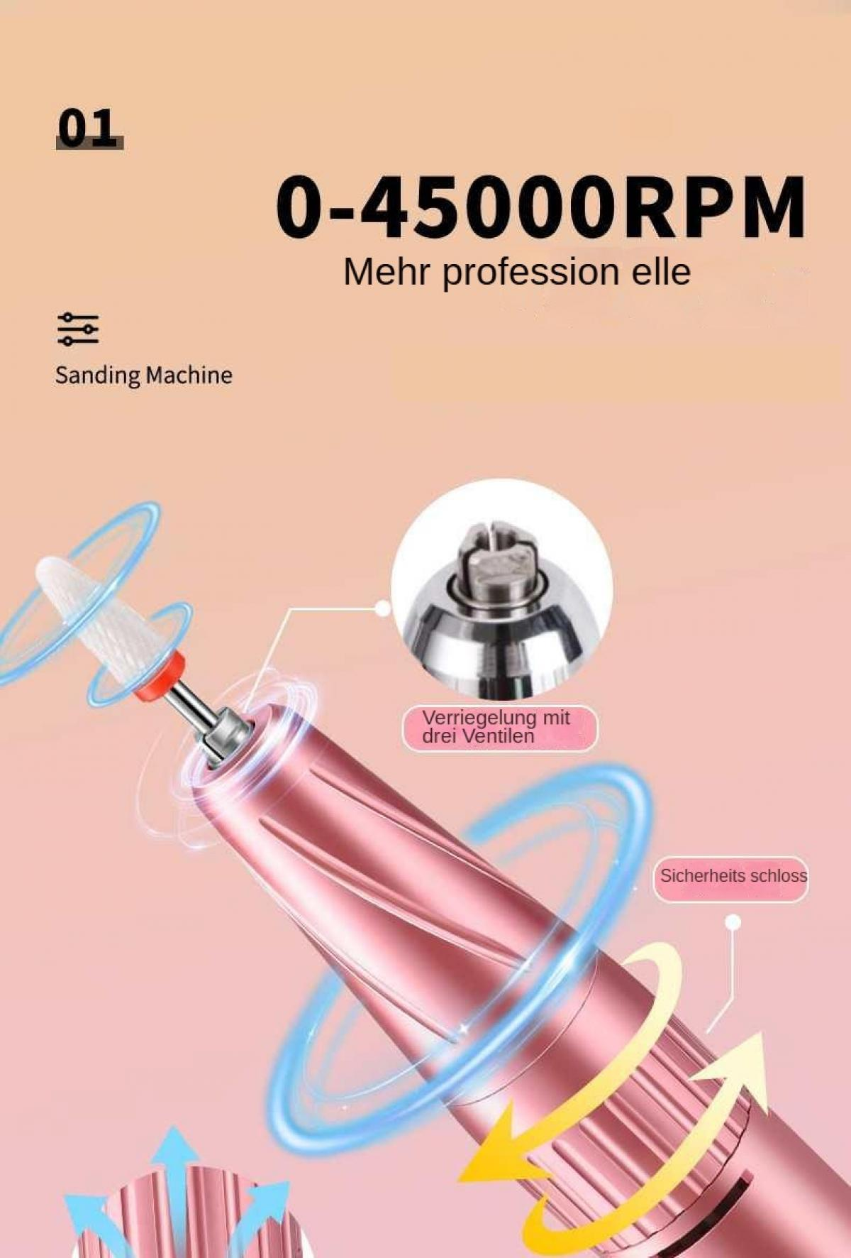 Das Bild zeigt eine Schleifmaschine mit deutschen Beschriftungen, Details zum Design und Geschwindigkeit (0-4500 U/min).