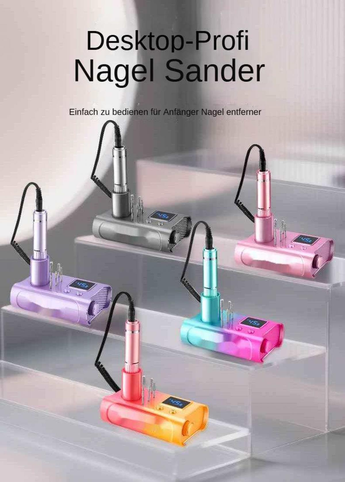 Das Bild zeigt fünf Nagelschleifer in verschiedenen Farben. Jeder hat ein Handstück und ein Display mit '45'. Text: 'Desktop-Profi Nagel Sander'.