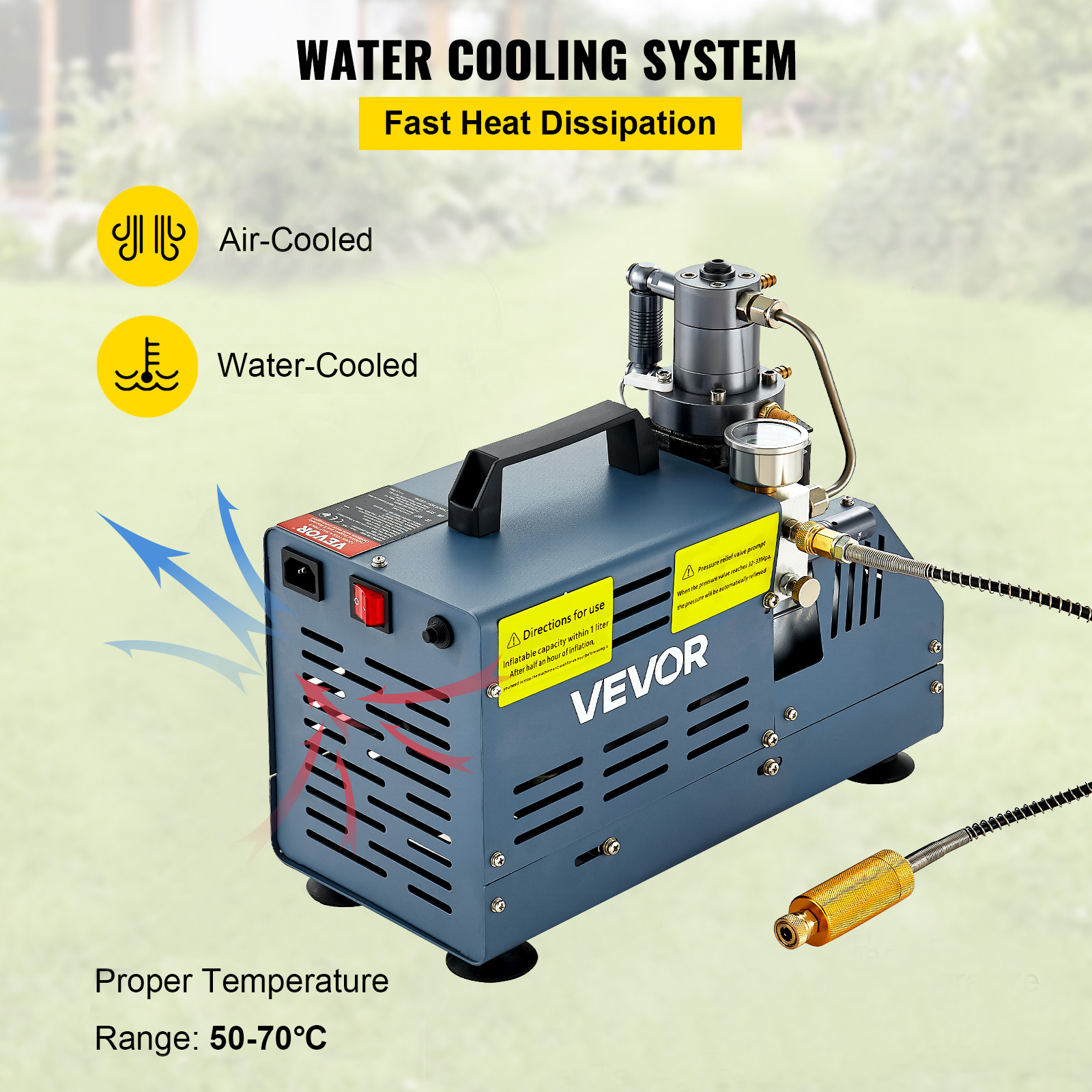 Un compresor refrigerado por agua con asa, medidores y boquilla. Incluye texto sobre sistemas de refrigeración y temperatura adecuada.