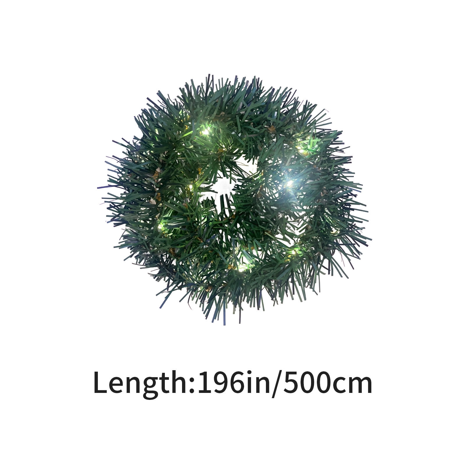 Ein grüner Weihnachtskranz mit weißen Lichtern auf weißem Hintergrund. Unten steht: Länge: 196 Zoll/500 cm.