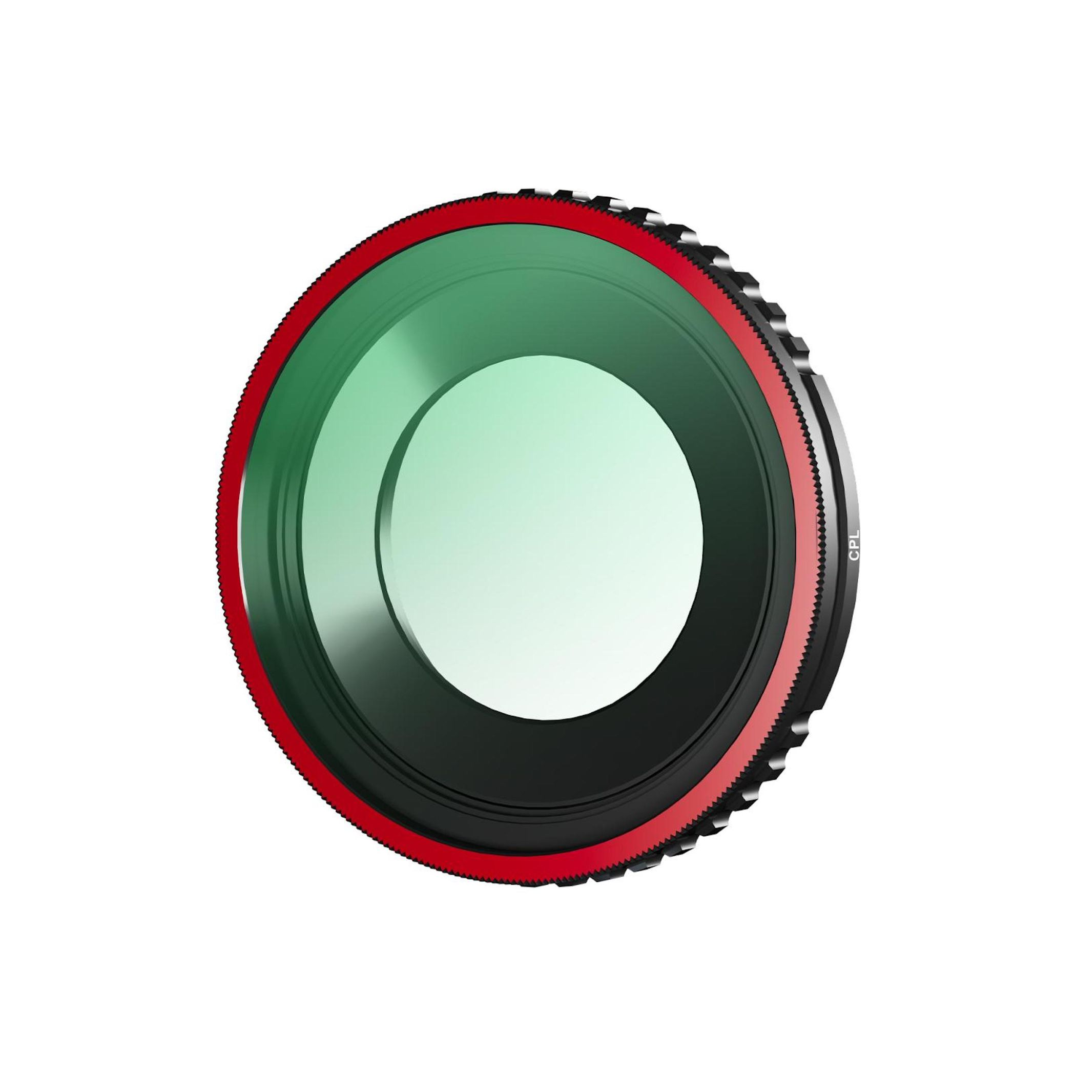 Kreisförmiger CPL-Filter mit rotem Ring, grünem Glas und schwarzem, verstellbaren Außenring. Weißer Hintergrund.