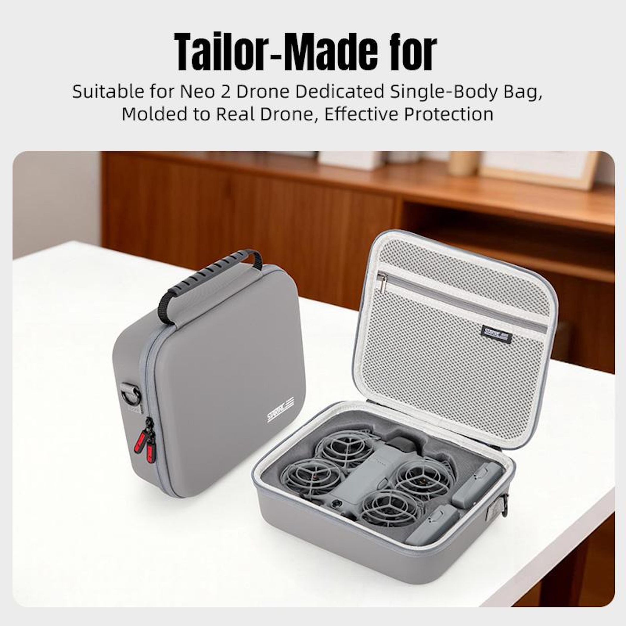 Grauer Drohnenkoffer, offen und geschlossen, mit einer Drohne darin. Text: Tailor-Made for Neo 2 Drone.