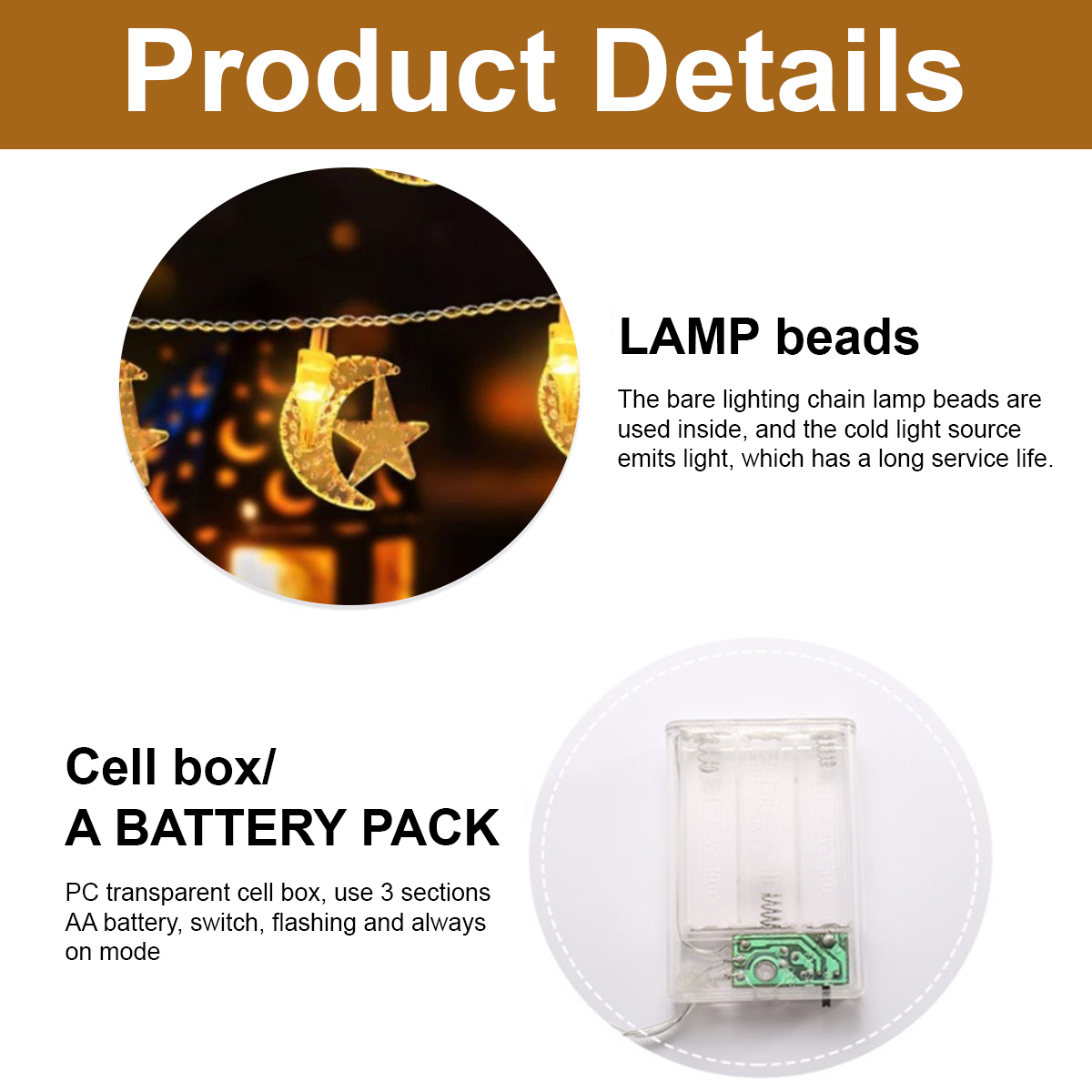 Produktdetails: Lampenperlen und ein Akkupack. Die Lampe hat Mond- und Sternformen. Das Akkupack ist transparent.