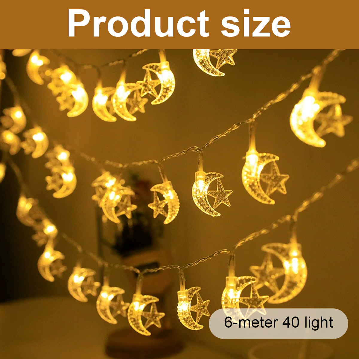 Lichterketten mit Mond- und Sternformen, gelb leuchtend. Text lautet 'Produktgröße' und '6 Meter 40 Lichter'.