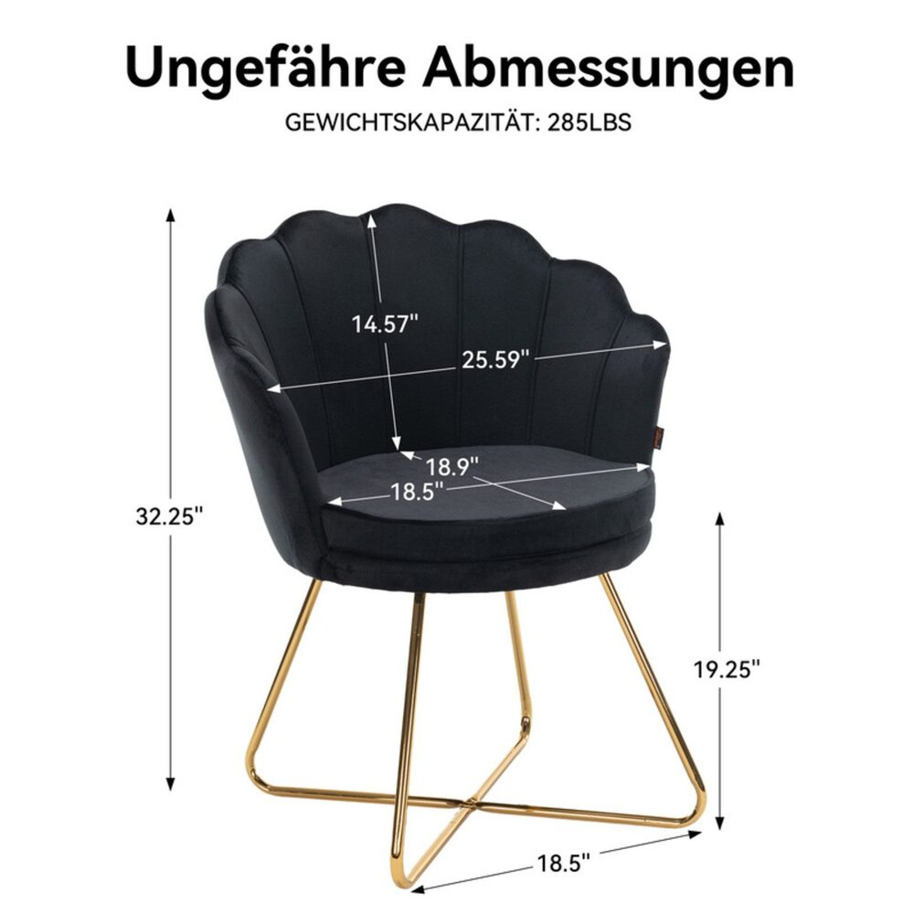 Schwarzer Samtstuhl mit goldenen Beinen. Abmessungen und Tragfähigkeit sind beschriftet. Gewellter Rücken und geschwungene Arme.
