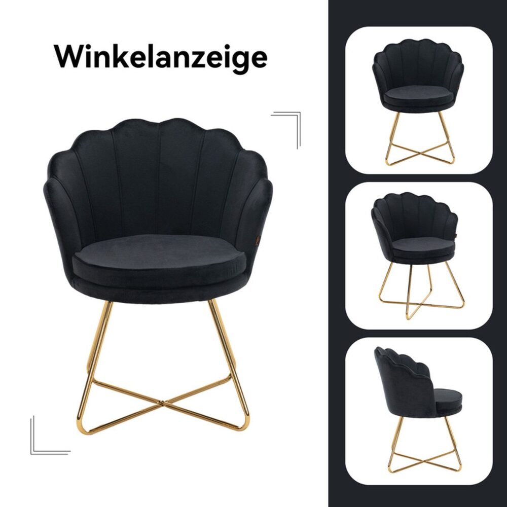 Ein schwarzer, muschelförmiger Stuhl mit goldenen Beinen wird gezeigt. Zusätzliche Ansichten des Stuhls sind rechts im Bild zu sehen.