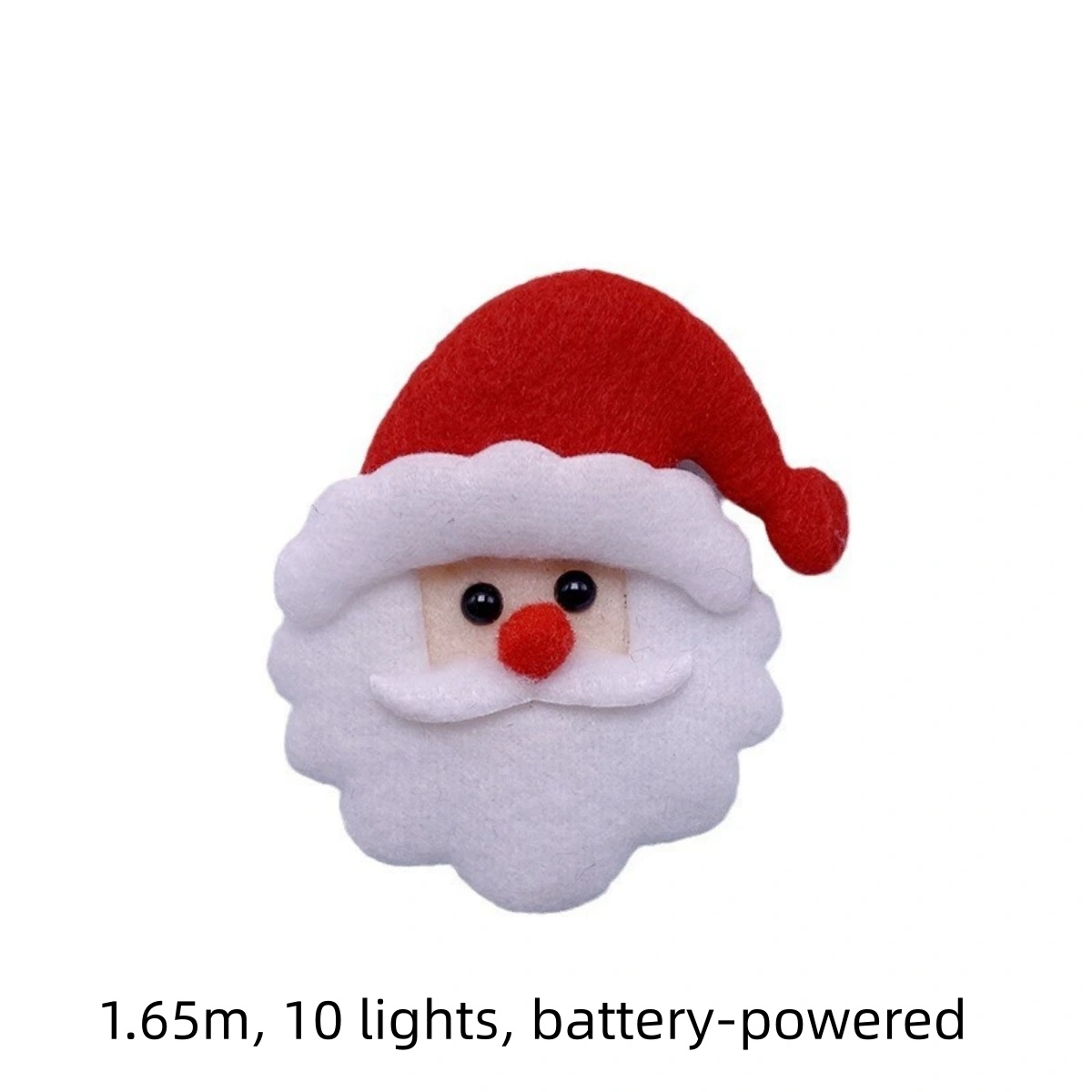 Ein Weihnachtsschmuck mit einem Weihnachtsmann-Gesicht. Es hat einen roten Hut, einen weißen Bart, schwarze Augen und eine rote Nase.